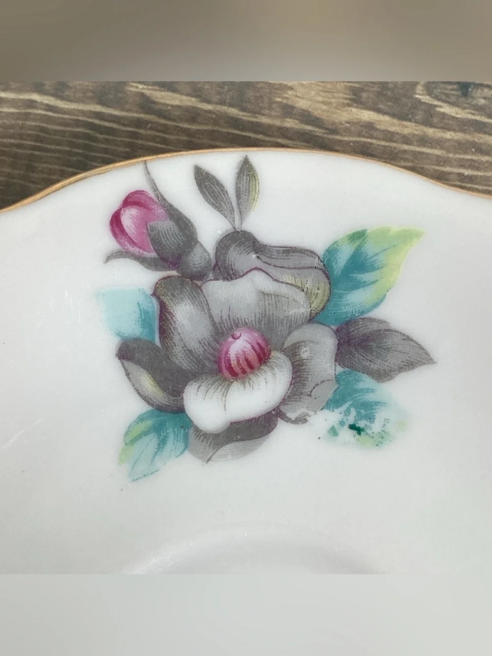 Vintage Shafford Japan Hand Painted Pink & Gray Floral Roses Teacup & Saucer Set